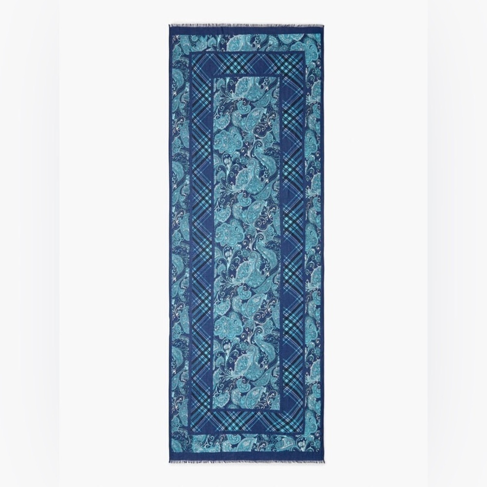 Talbots Teal and Navy White Paisley and Plaid Pattern Blue Tones Lightweight - Picture 2 of 10